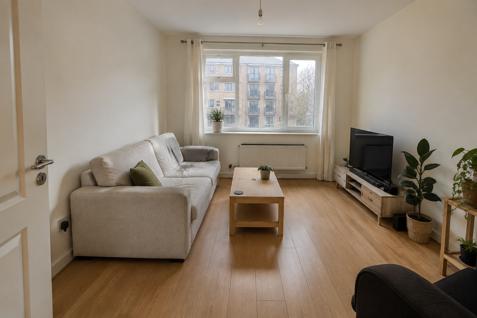 AI-generated sample living room with neutral furnishings and soft daylight